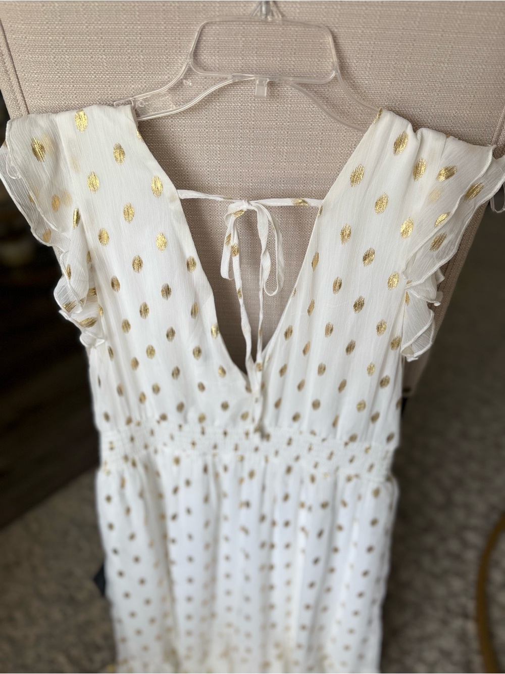 Lulu's Cause to Celebrate White and Gold Dot Ruffled Tiered Midi Dress - Picture 10 of 12